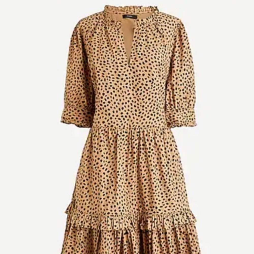 J. Crew Ruffleneck Tiered Popover Dress in Leopard Dot - Size XXS - NWT